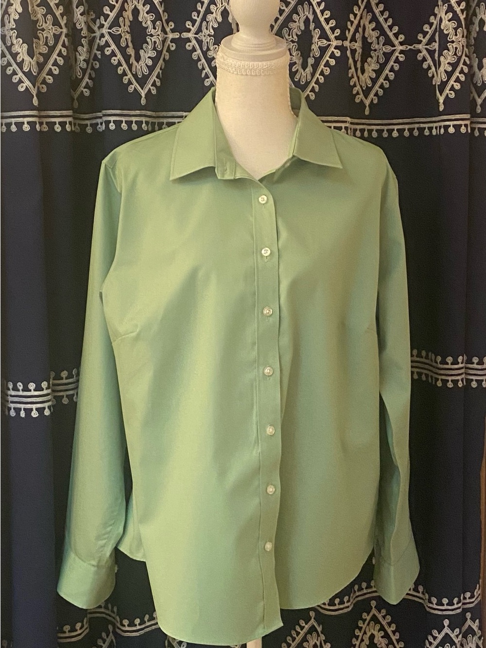 Lands' End Light Green Button-Front Cotton Blouse